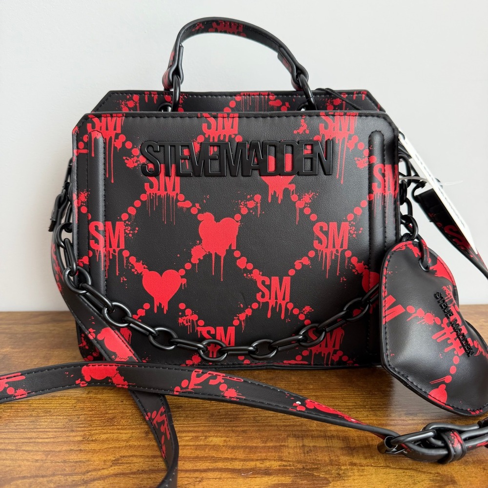 New Steve Madden Bloody Hearts Bevelyn Crossbody Satchel Black Red Halloween